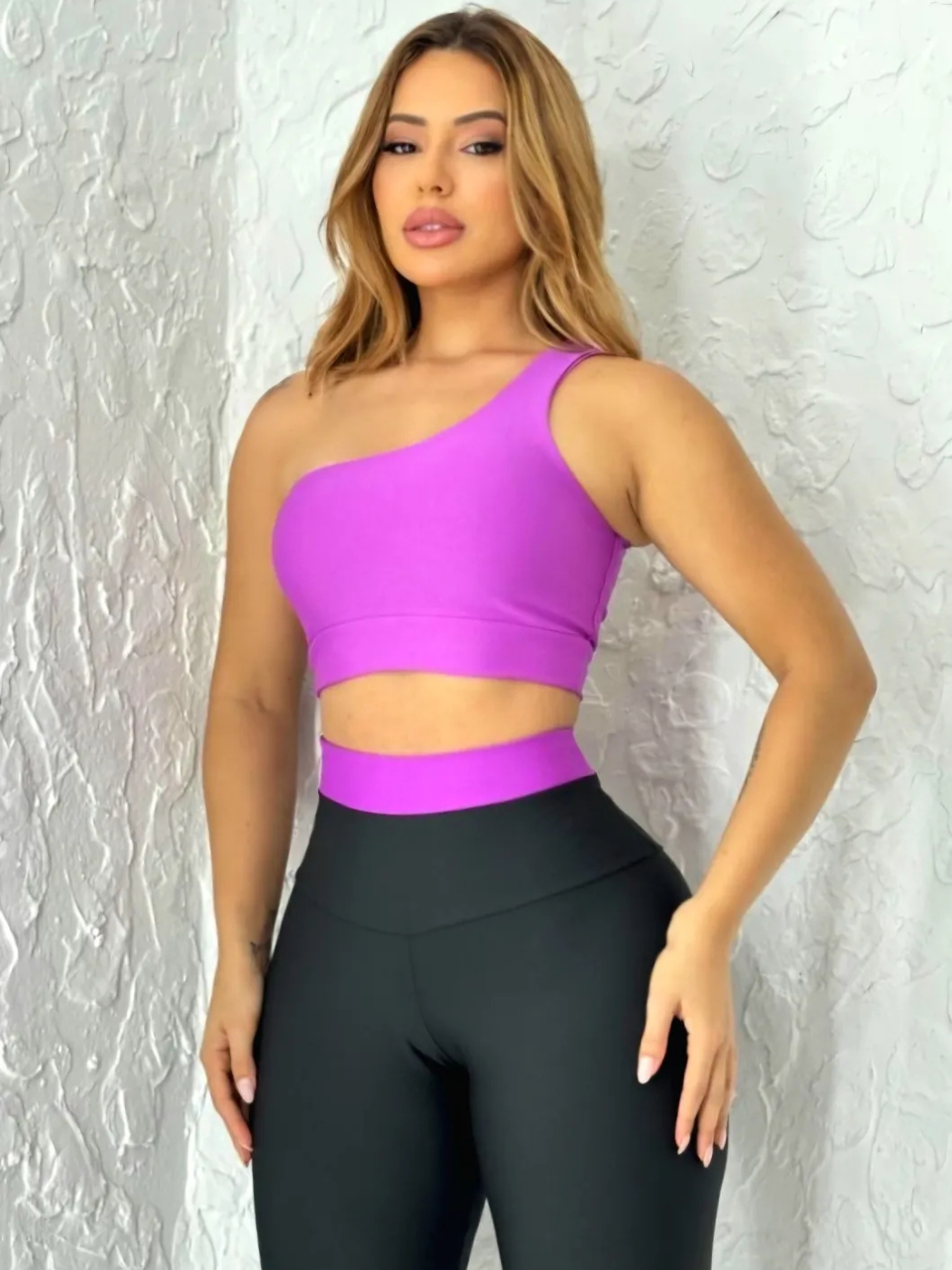 Conjunto Fitness Legging e Top Um Ombro Só Bicolor Suplex Premium Le Pink