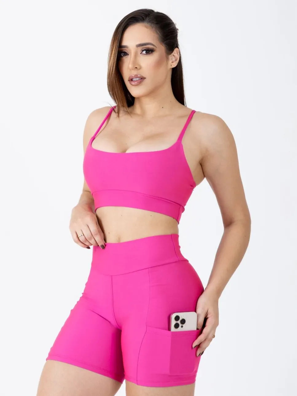 Conjunto Fitness Short Ciclista com Bolso e Top Alcinha - Le Pink