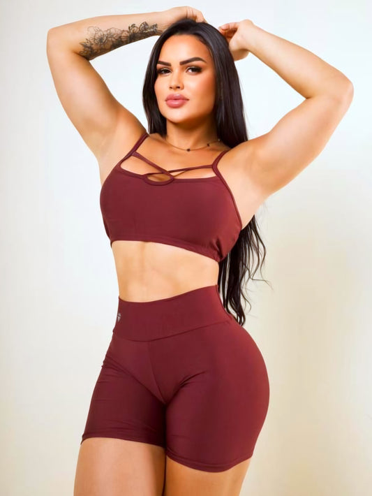 Conjunto Fitness Short Cintura Alta e Top com Tiras Frontais de Alta Compressão – Le Pink