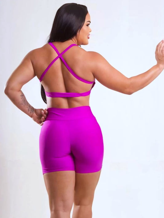 Conjunto Fitness Short Cintura Alta e Top com Costas Cross de Alta Compressão – Le Pink