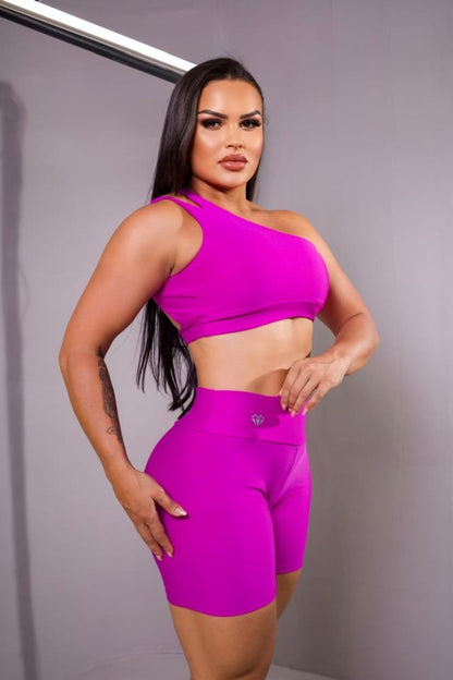 Conjunto Fitness Short Cintura Alta e Top Ombro Único com Tiras nas Costas – Le Pink