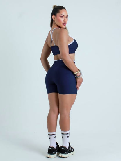 Conjunto Fitness Short Cintura Alta e Top com Alças Finas Contrastantes em Suplex Premium – Le Pink
