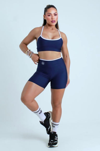 Conjunto Fitness Short Cintura Alta e Top com Alças Finas Contrastantes em Suplex Premium – Le Pink