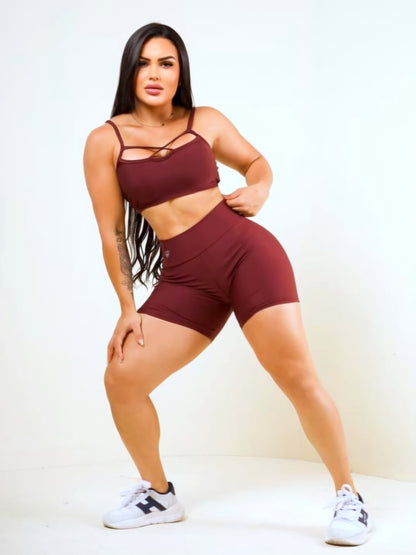 Conjunto Fitness Short Cintura Alta e Top com Tiras Frontais de Alta Compressão – Le Pink