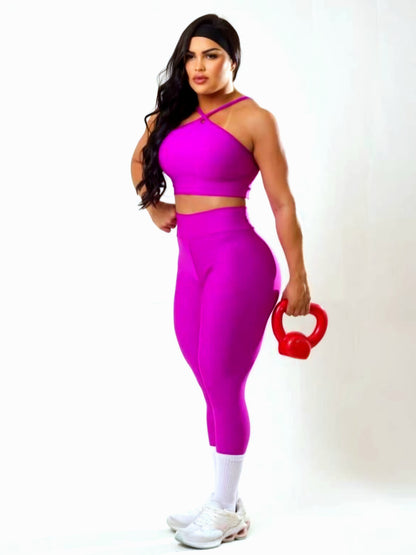 Conjunto Fitness Top Halter Cross e Legging Cintura Alta em Suplex Premium de Alta Compressão – Le Pink