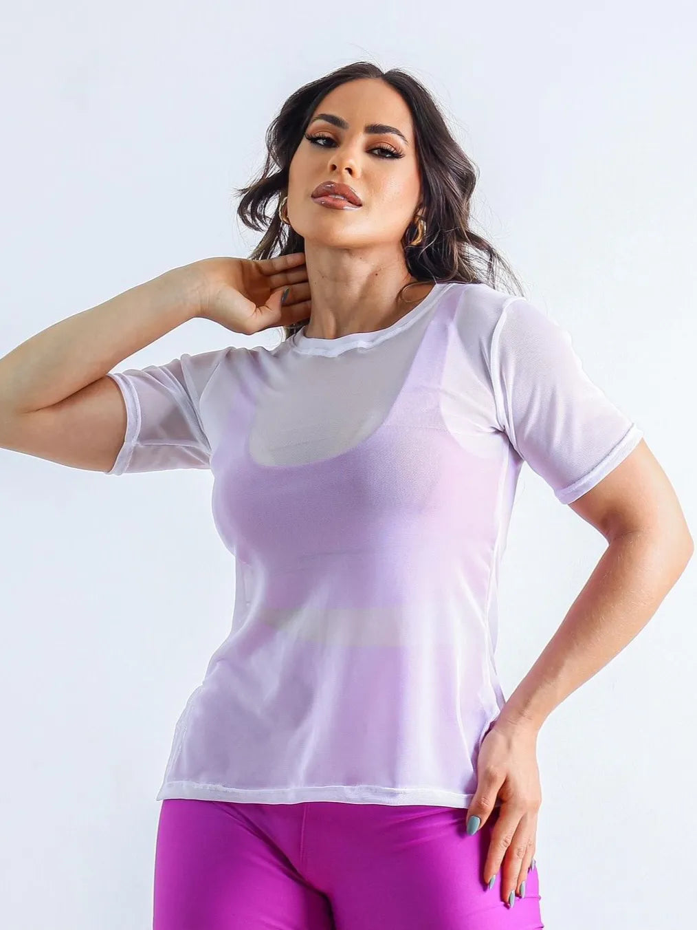 Blusa Fitness Feminina Manga Curta em Tule Transparente – Le Pink