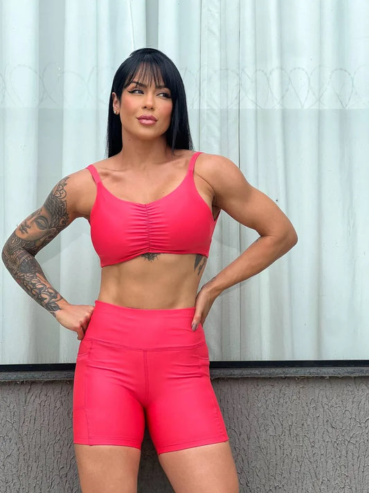 Conjunto Fitness Feminino Short com Bolso e Top de Alta Compressão – Le Pink