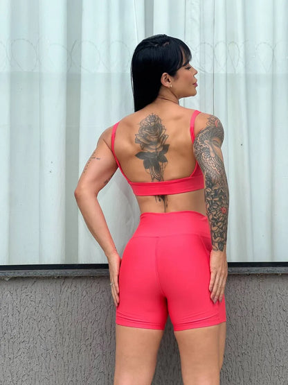 Conjunto Fitness Feminino Short com Bolso e Top de Alta Compressão – Le Pink