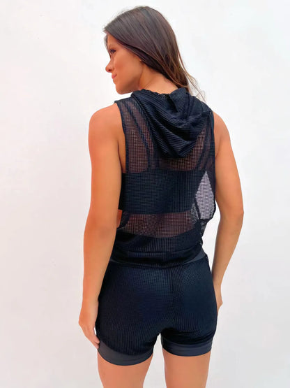 Blusa Fitness Regata com Capuz em Tela Arrastão Le Pink