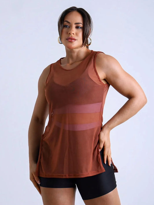 Regata Fitness Longline em Tule com Transparência e Fendas Le Pink