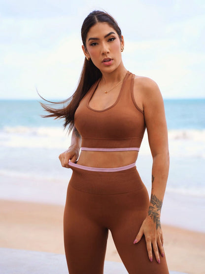 Conjunto Fitness Canelado Bicolor de Alta Compressão com Top e Leg – Le Pink