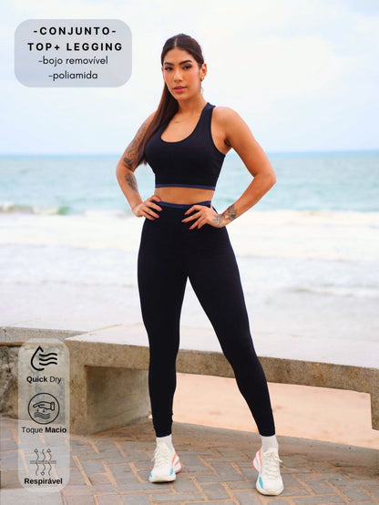 Conjunto Fitness Canelado Bicolor de Alta Compressão com Top e Leg – Le Pink