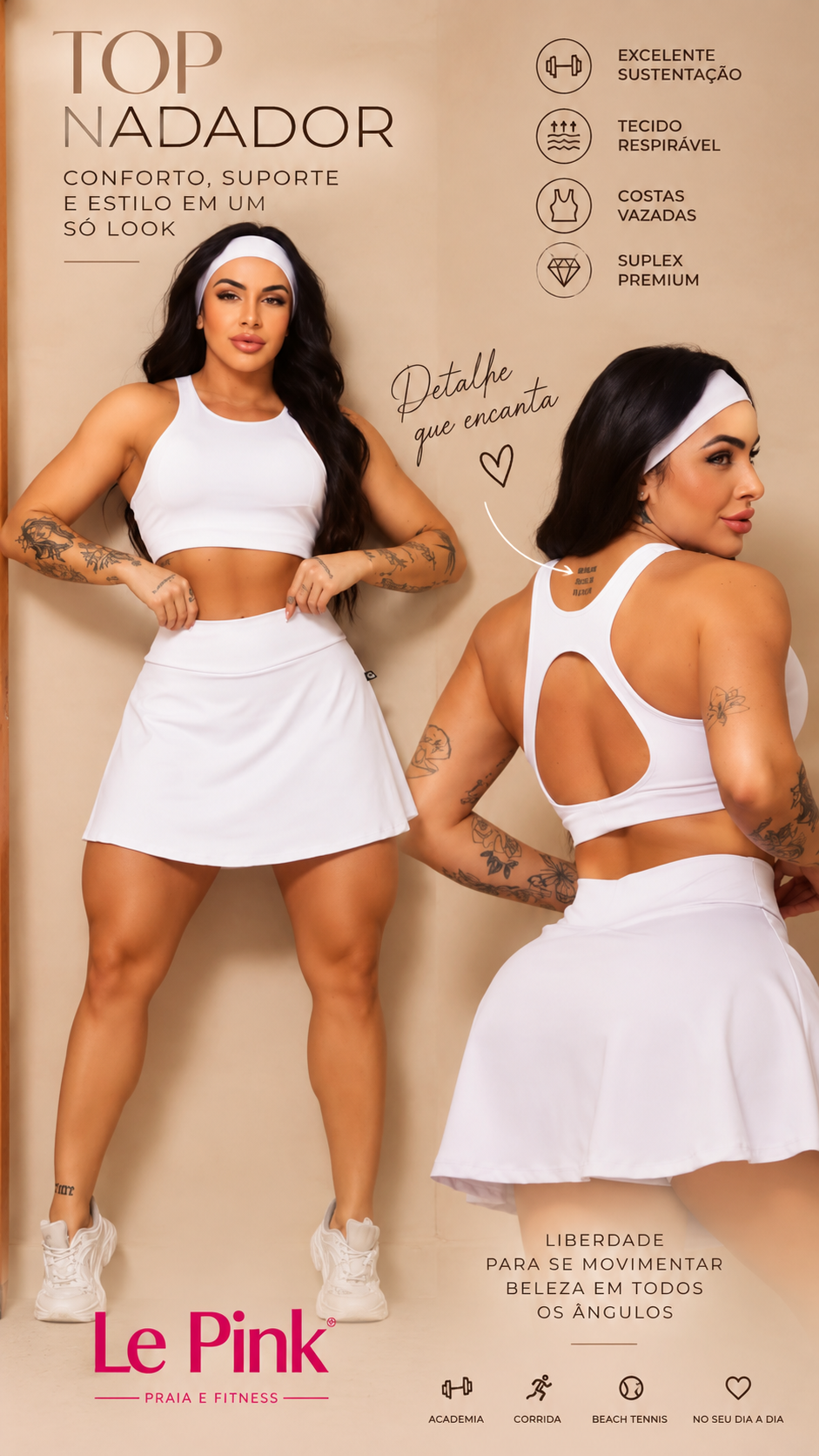 Top Fitness Nadador Costas Vazadas em Suplex Premium – Le Pink