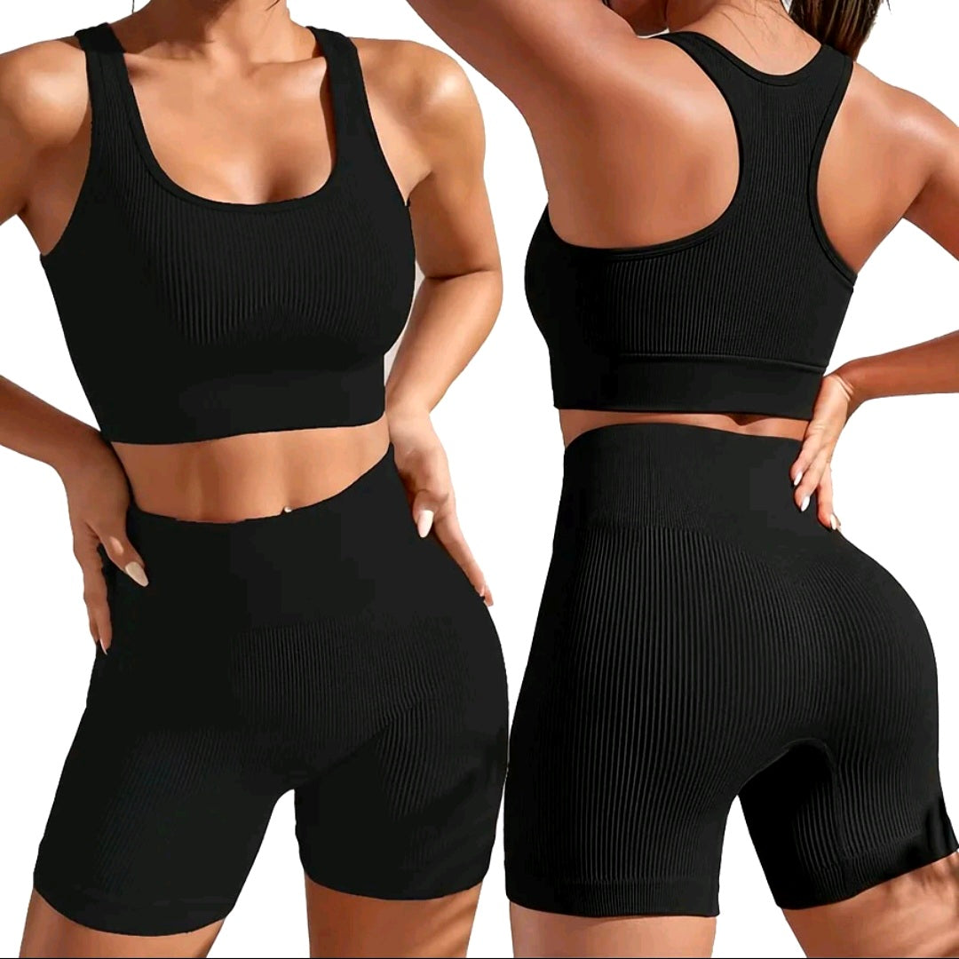 Conjunto Fitness Canelado de Alta Compressão com Top e Bermuda – Le Pink
