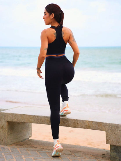 Conjunto Fitness Canelado Bicolor de Alta Compressão com Top e Leg – Le Pink