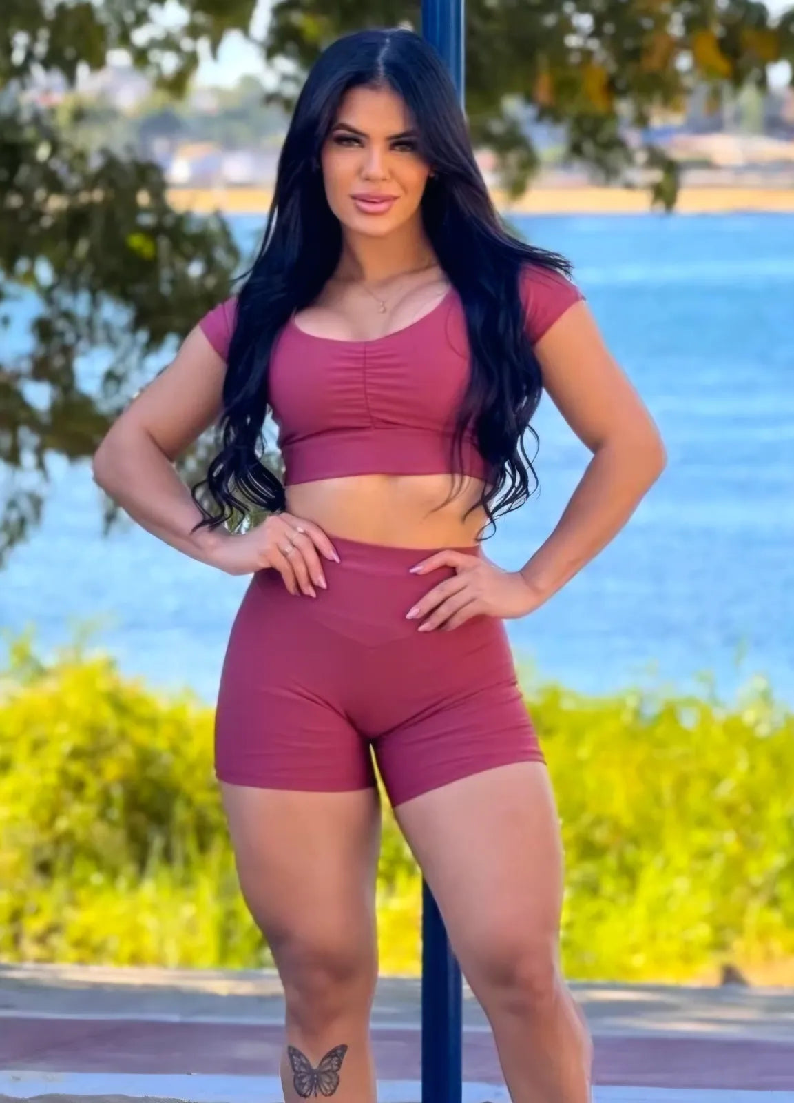 Conjunto Fitness Short e Top Manga Curta Drapeado Suplex Premium Le Pink