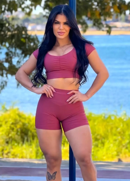 Conjunto Fitness Short e Top Manga Curta Drapeado Suplex Premium Le Pink